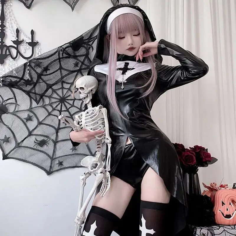 Anime Cosplay Nun - Rahibe Cosplay Kostümü Siyah PU Deri